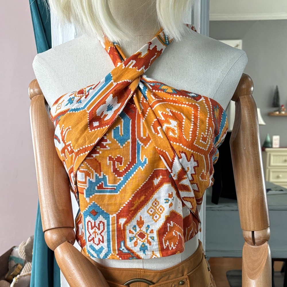Christian Siriano Orange, Teal & White Patterned Twist Halter Crop Top